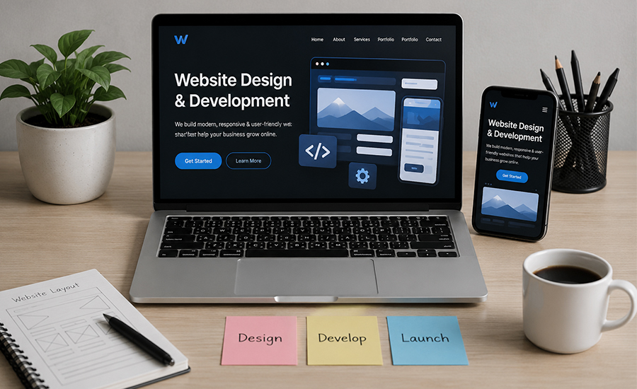 Professional website design and development services for businesses with modern responsive UI, fast performance, and mobile-friendly experience.