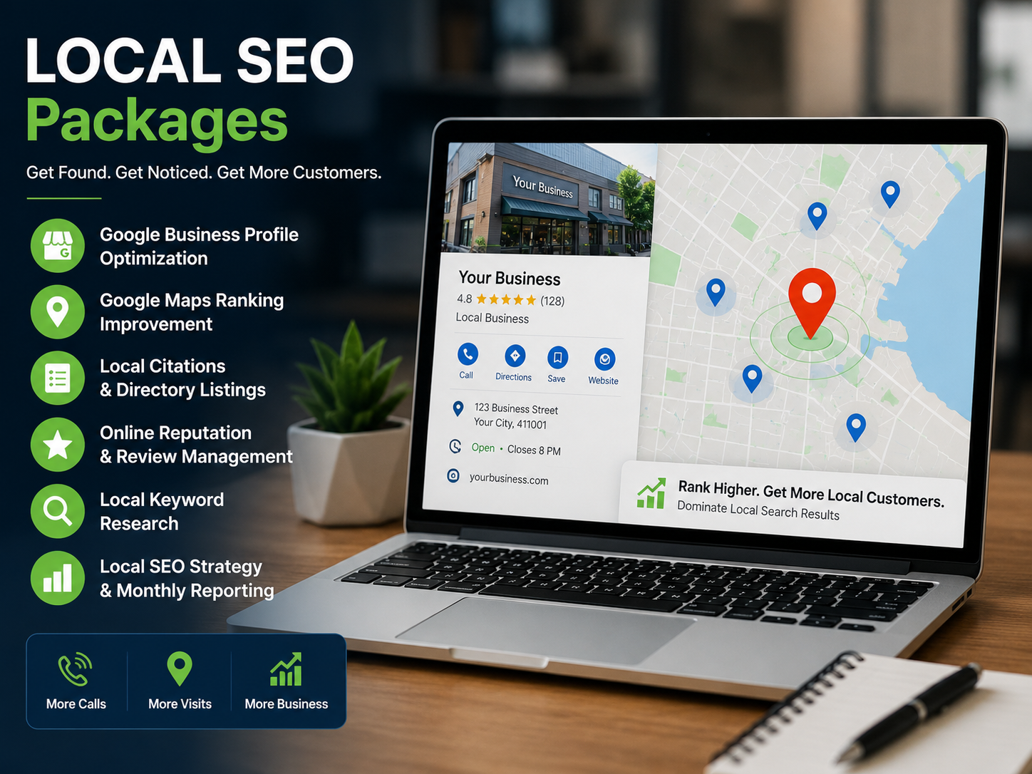 Local SEO Packages showing Google Business Profile optimization, Google Maps ranking, local citations, review management, and local keyword research for businesses.
