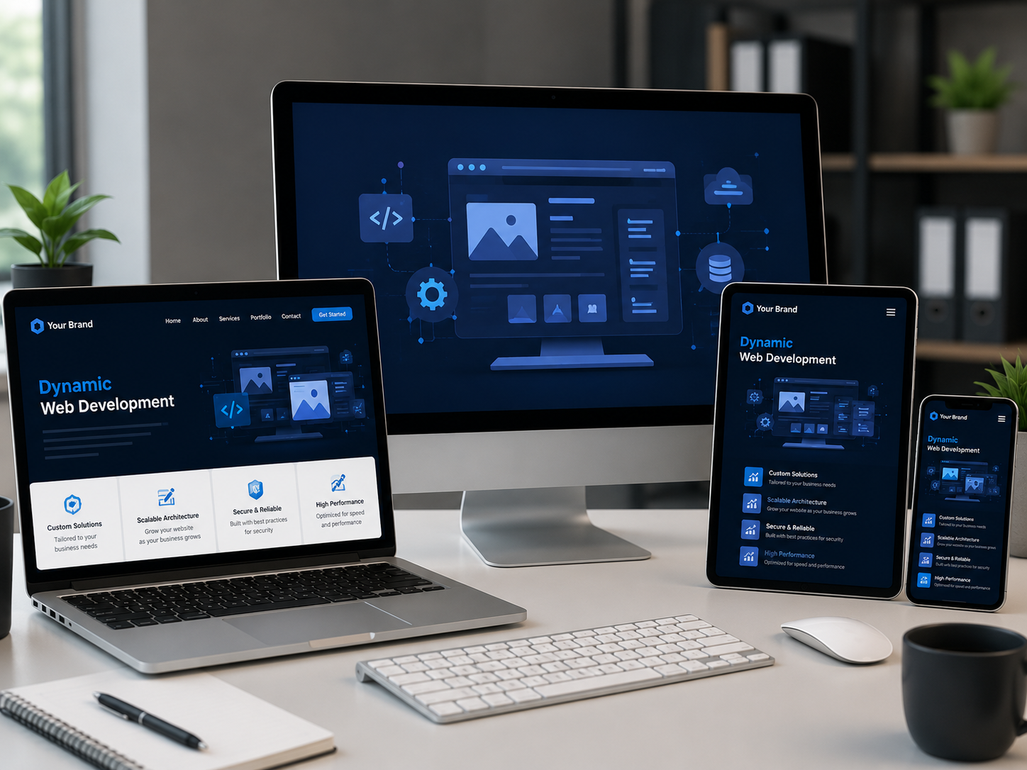 Dynamic website development services showcasing responsive web applications, database-driven websites, custom functionality, interactive user interfaces, and scalable business website solutions.
