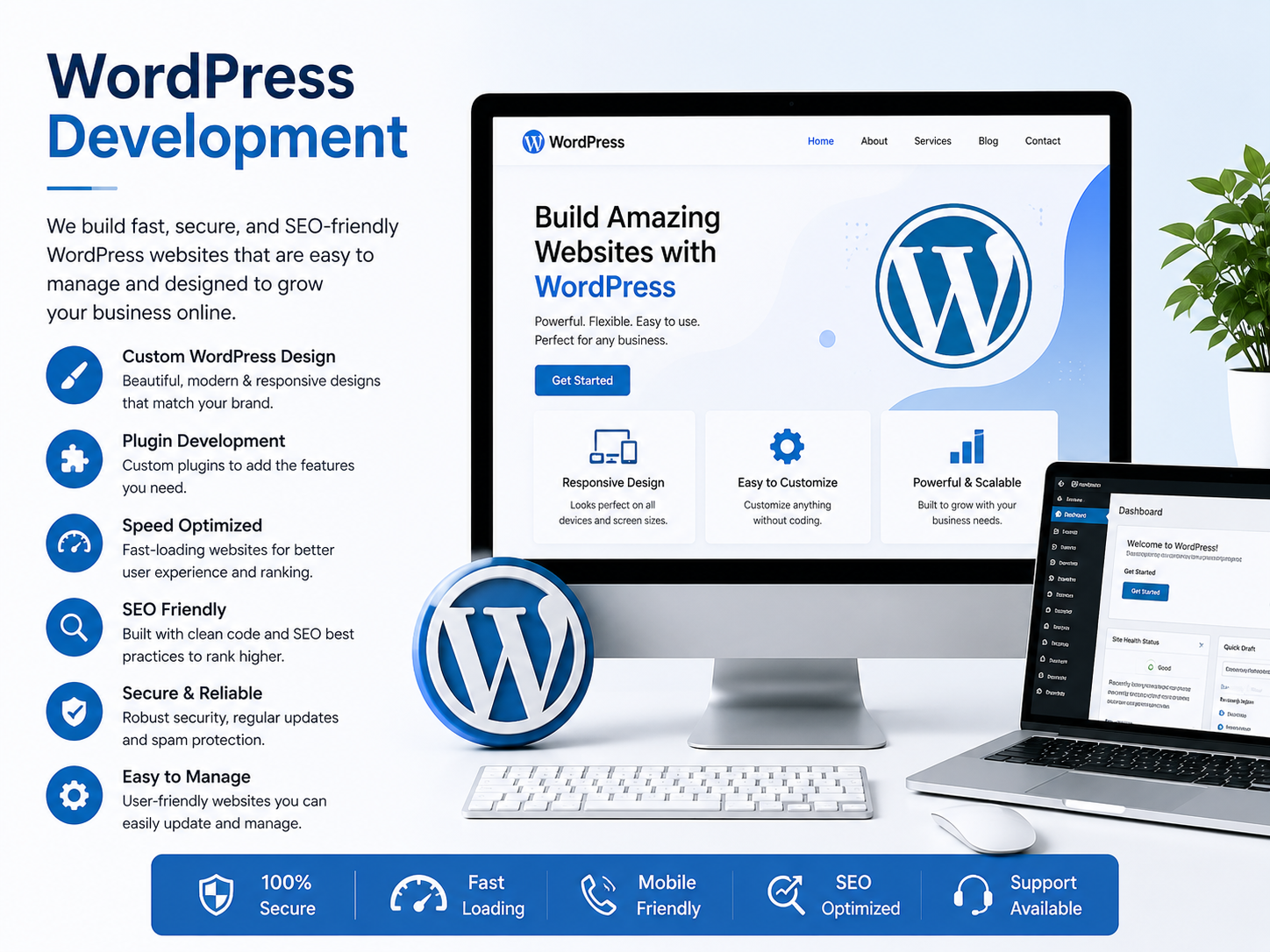 WordPress development services featuring custom WordPress website design, plugin development, responsive layouts, SEO optimization, website security, and business website solutions.