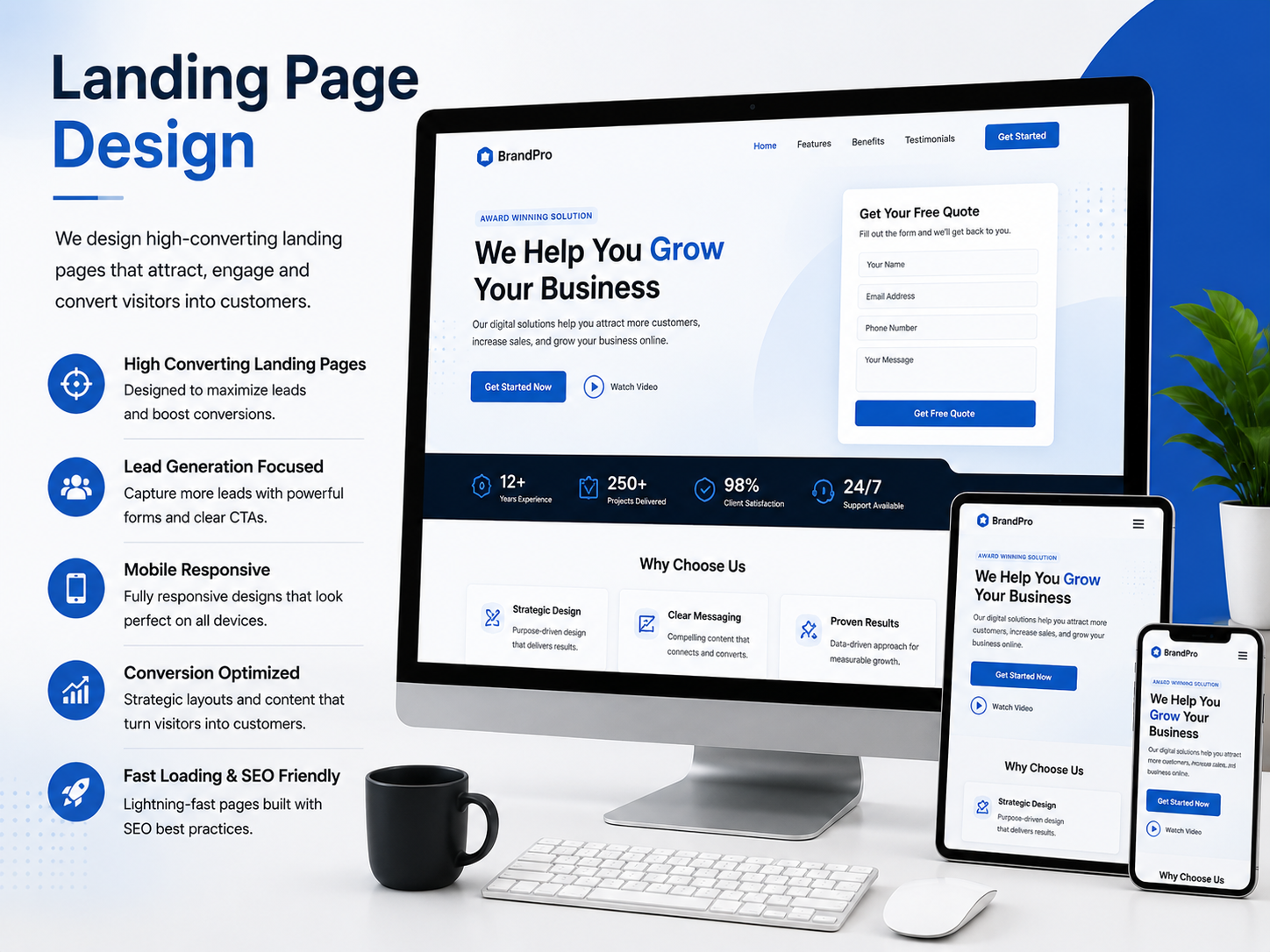 Landing page design services featuring conversion-focused layouts, lead generation forms, call-to-action sections, responsive web design, mobile-friendly landing pages, and marketing campaign optimization.