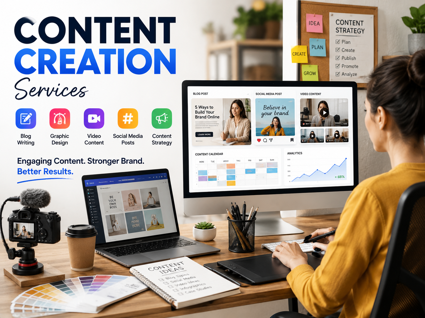 Content creation services featuring blog writing, social media content, video content creation, graphic design, content marketing strategy, brand storytelling, and digital content production.
