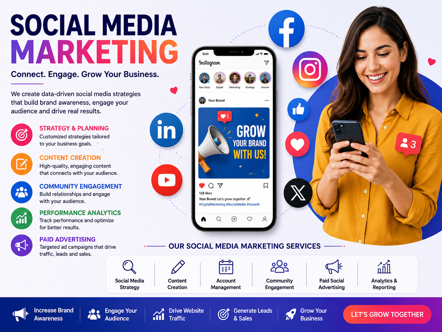 Professional social media marketing services featuring Facebook marketing, Instagram marketing, LinkedIn marketing, YouTube marketing, content creation, paid social media advertising, audience engagement, and brand growth strategies.