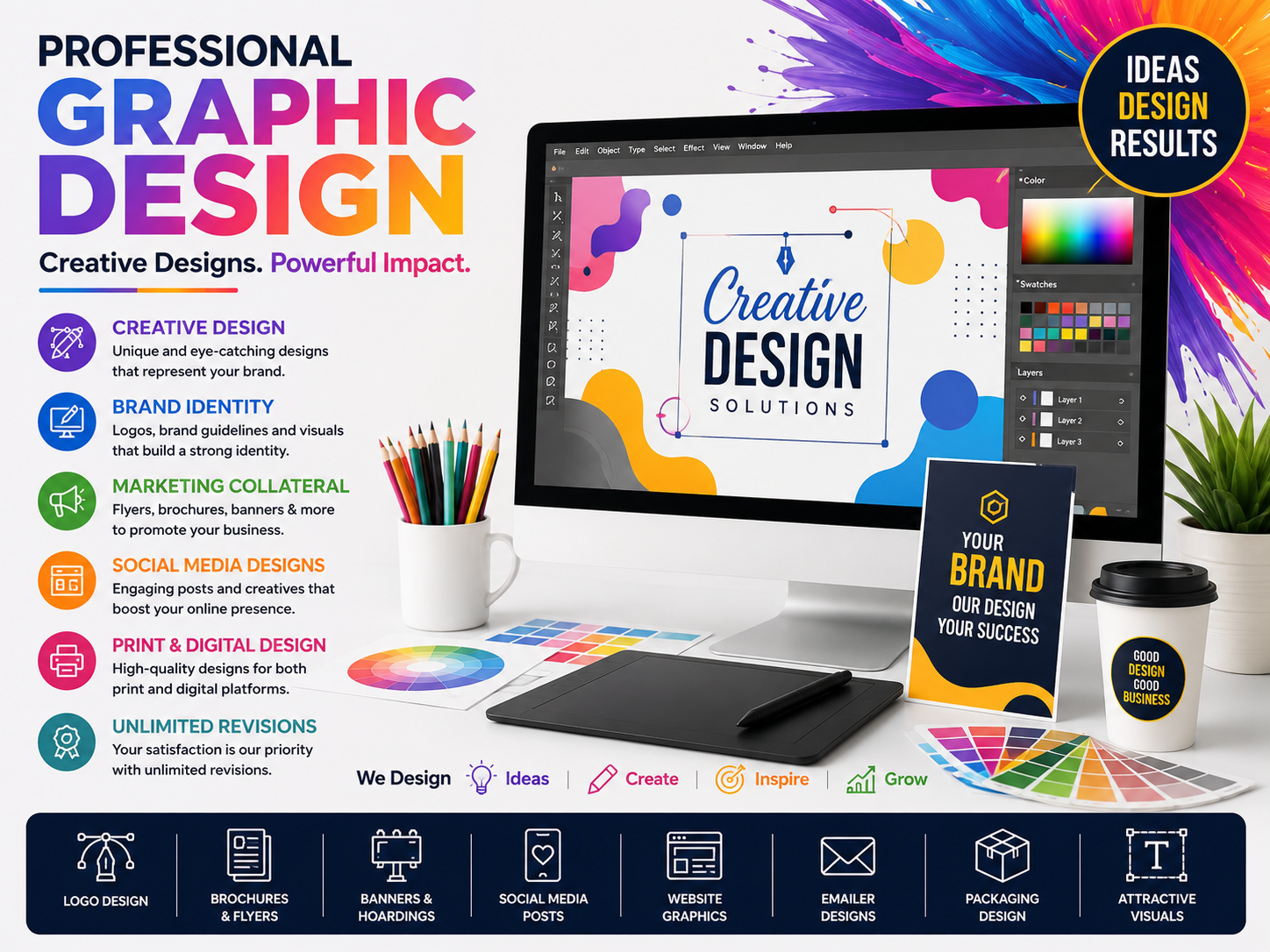 Professional graphic design services featuring logo design, social media graphics, brochures, flyers, banners, business branding, marketing materials, print design, digital creatives, and brand identity solutions.