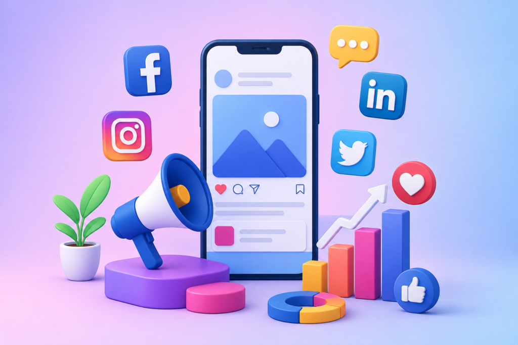 3D illustration of Social Media Marketing (SMM) with smartphone, social media icons, analytics chart, and digital marketing elements