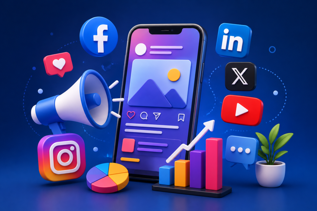 Social Media Marketing (SMM) concept with smartphone, social media apps, digital advertising, analytics dashboard, and business growth